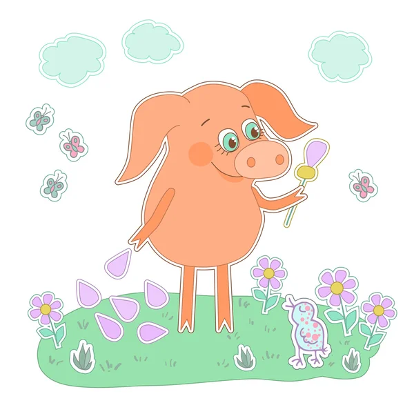 한 손에 꽃과의 행복 한 돼지 귀여운 만화 돼지 스티커. — 스톡 벡터