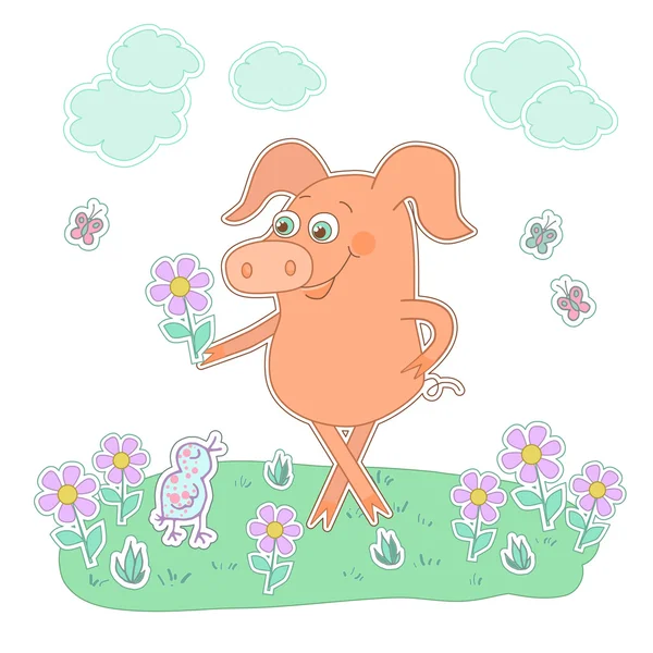 Porco feliz com uma flor na mão. Bonito desenho animado porco adesivo . — Vetor de Stock
