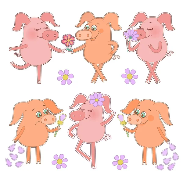 Sechs niedliche Cartoon-Ferkel-Aufkleber glückliche und traurige Schweine mit einer Blume in der Hand. — Stockvektor