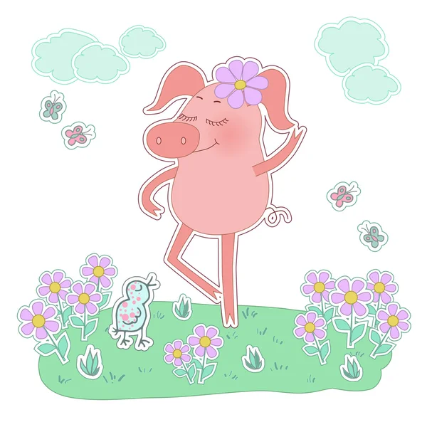 Cerdo feliz con una flor en la cabeza. Pegatina de cerdo de dibujos animados lindo — Vector de stock