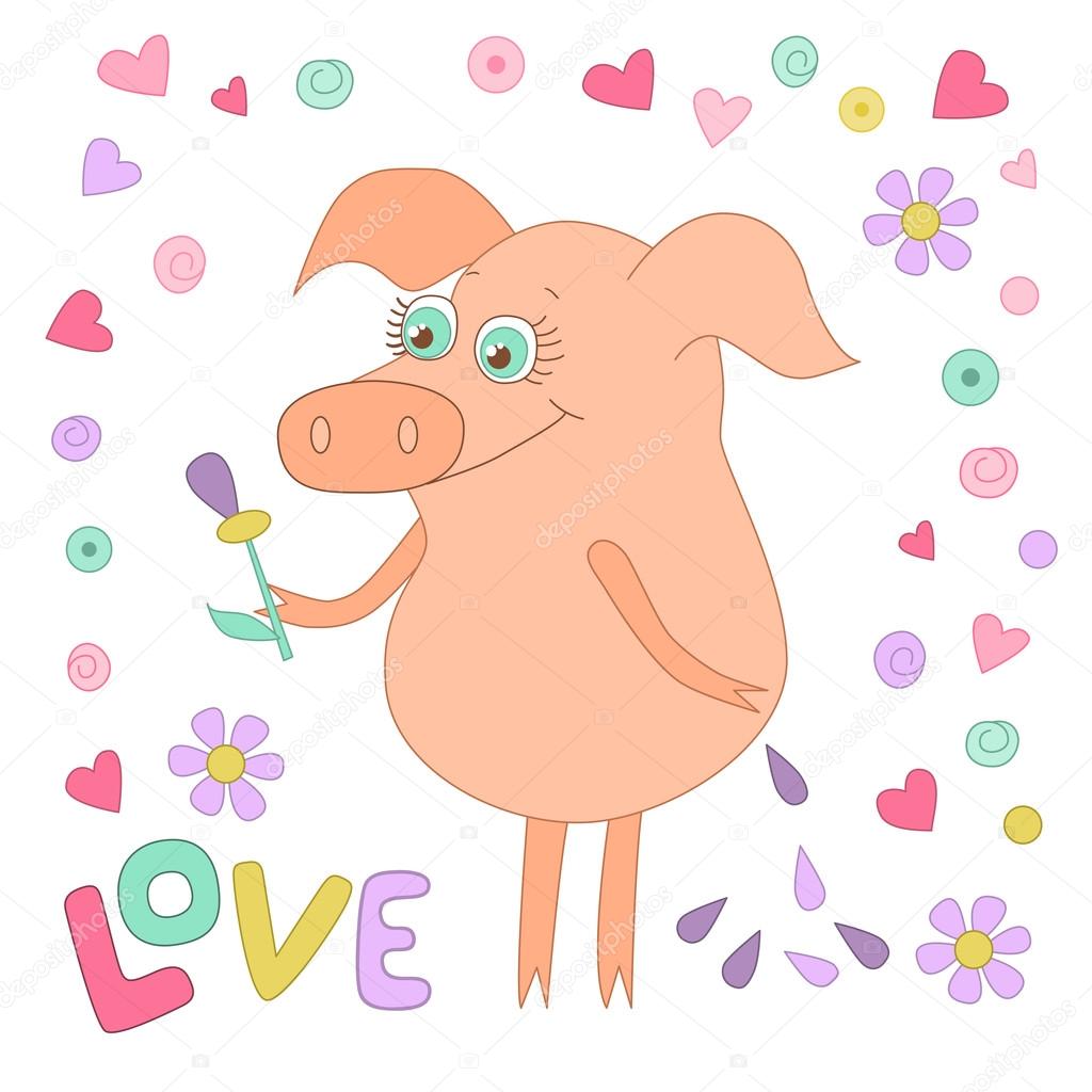 Happy pig with a flower in a hand. Cute piggy in cartoon style on white backgraund with hearts.