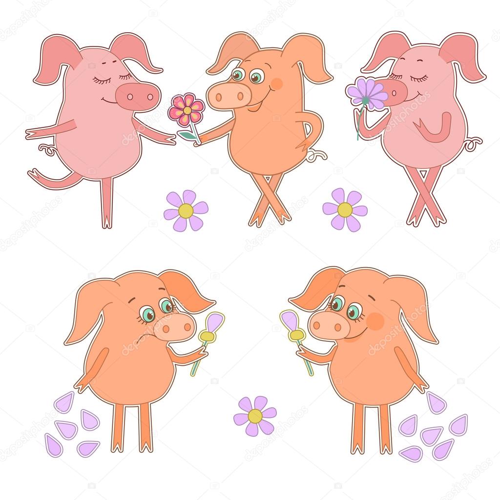 Five cute cartoon piglet stickers Happy and sad pigs with a flower in a hand.