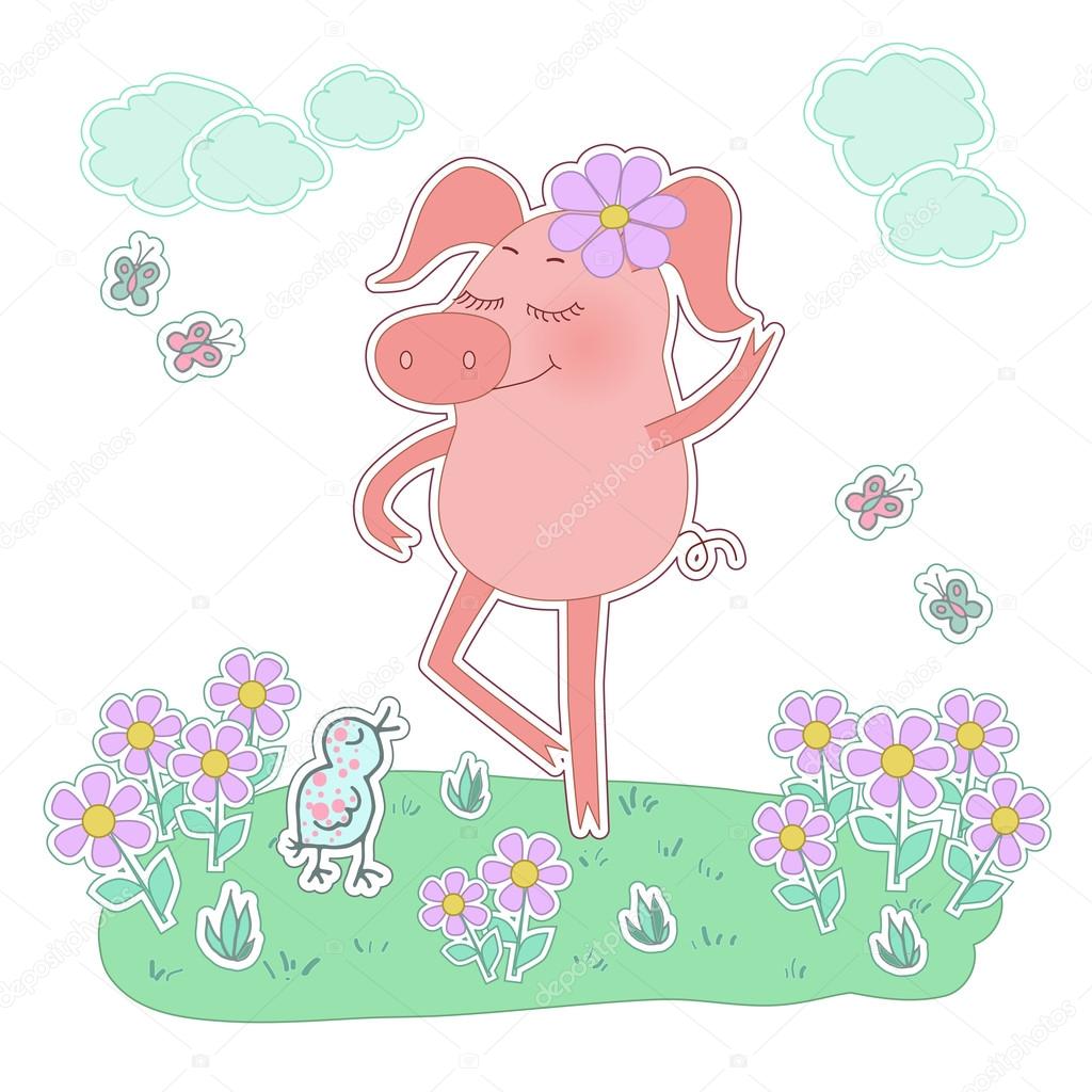 Happy pig with a flower on her head. Cute cartoon pig sticker