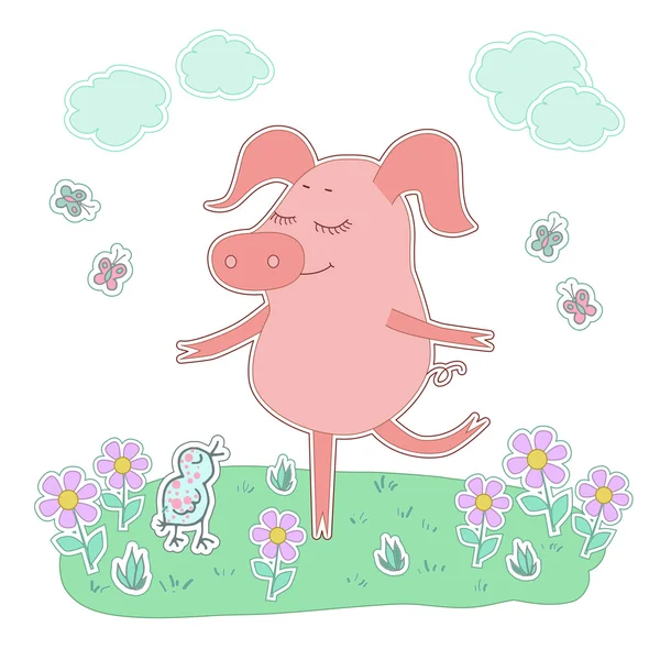 Das liebliche Schwein mit geschlossenen Augen steht auf einem Bein. niedliche Cartoon-Schwein-Aufkleber. — Stockvektor
