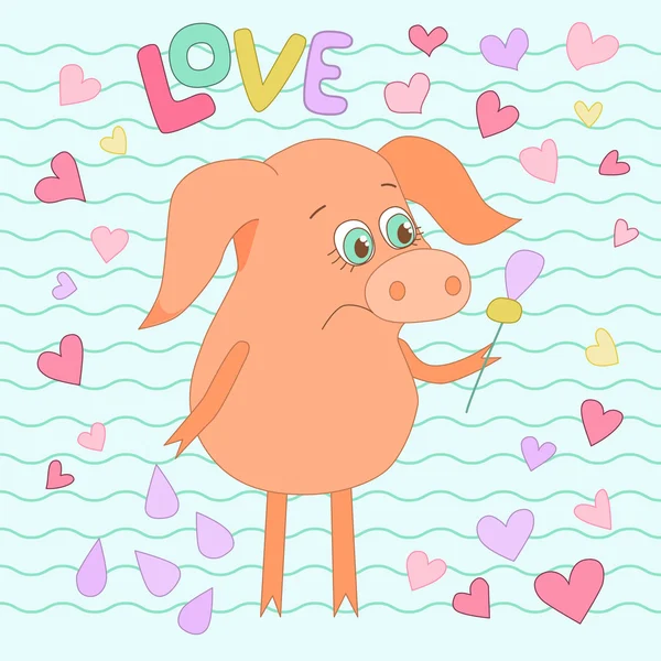 Sad pig with a flower in a hand. Cute piggy in cartoon style on backgraund from wavy lines and hearts. — Stock Vector