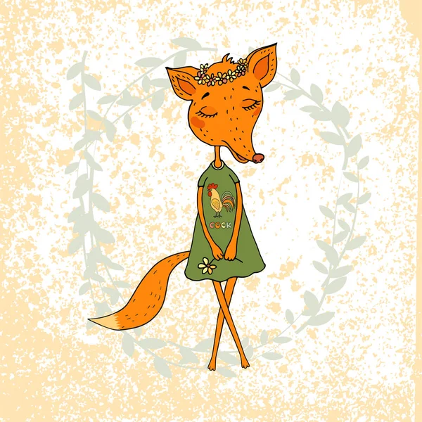 Милый мультяшный лис в платье с петухом — стоковый вектор