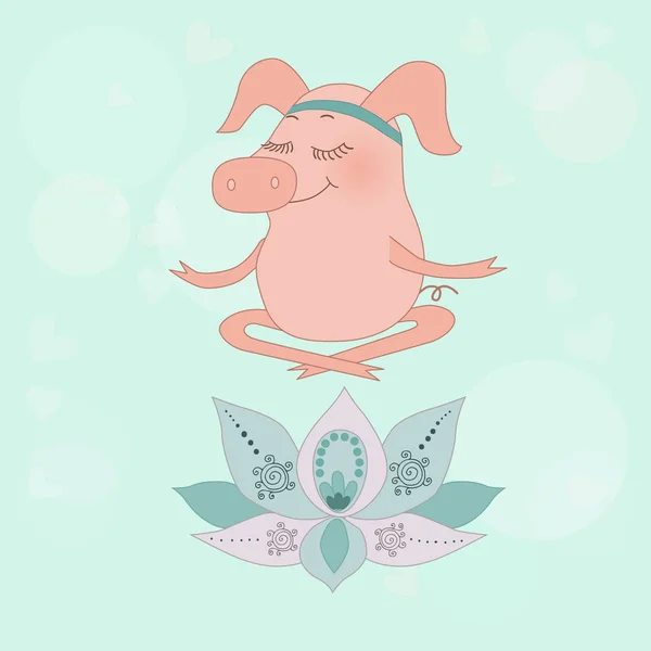 El encantador cerdo feliz se sienta ciegamente en una pose de loto — Vector de stock