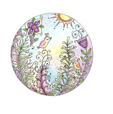 Mandala renkli suluboya kuşlar ve çiçekler ile