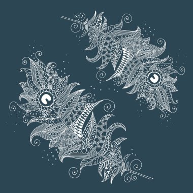 Koyu arka plan üzerinde el çekilmiş zentangle tüy