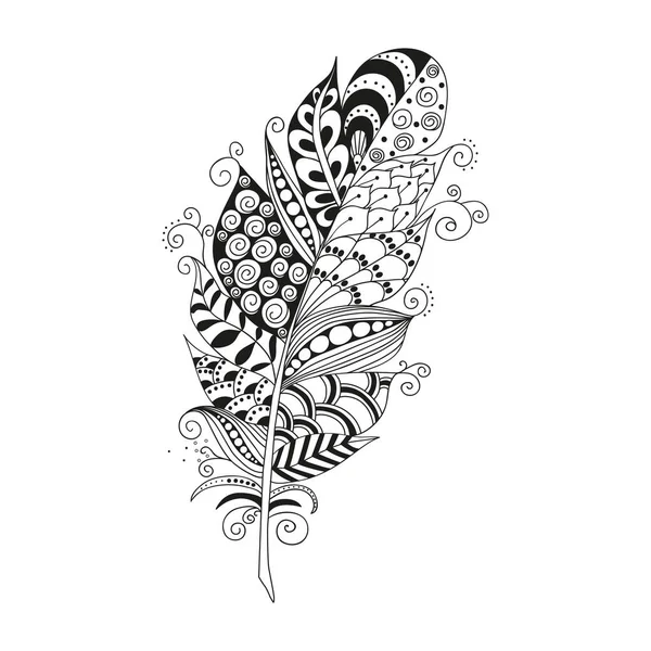 Hand drawn zentangle feather on white background — Stock Vector