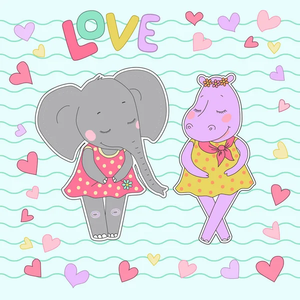 Hipona e elefante meninas com olhos fechados ter uma coroa de flores na cabeça — Vetor de Stock