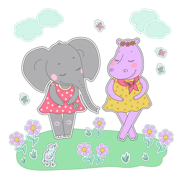 Víziló és elefánt lányok, csukott szemmel, miután egy virág koszorú a fejét — Stock Vector