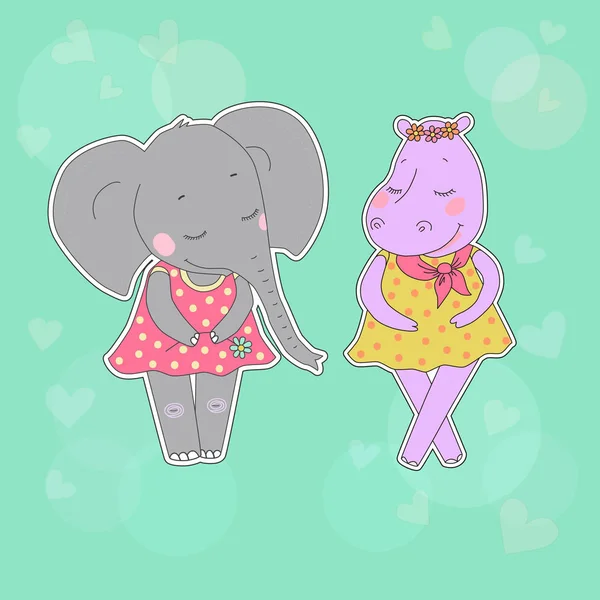 Hipona e elefante meninas com olhos fechados ter uma coroa de flores na cabeça — Vetor de Stock