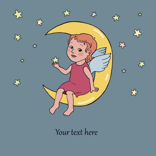 Ангел-ребенок, сидящий на Луне . — стоковый вектор