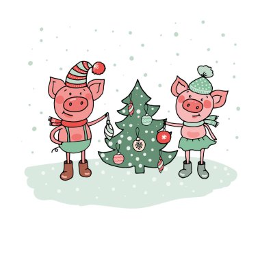 Noel ağacı yakınındaki komik domuzlar