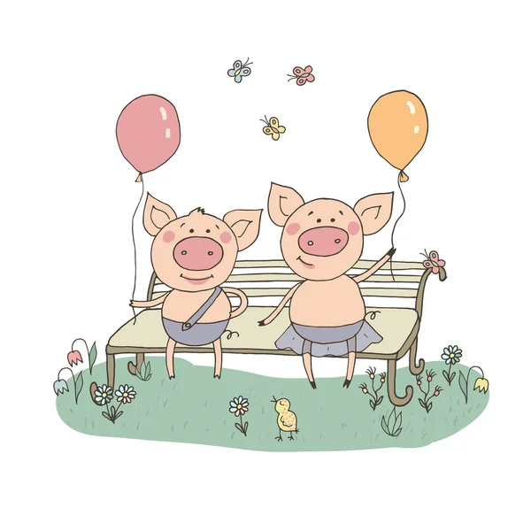Kaksi söpöä pientä sikaa istuu penkillä ilmapallojen kanssa — vektorikuva