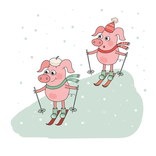 Two Cute Pigs Skier — Stock Vector