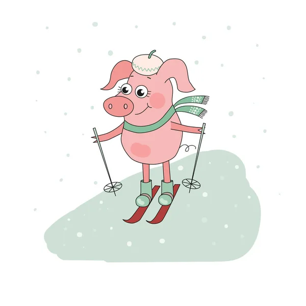 Esquiador de Porcos Bonito. Personagem de desenho animado adorável — Vetor de Stock