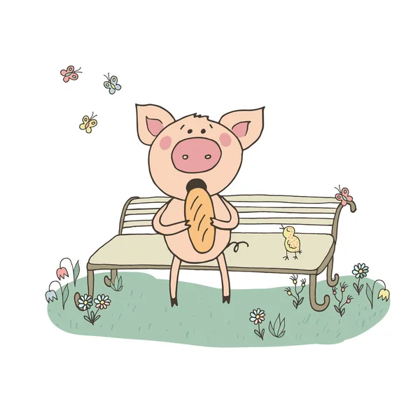 Cochon mignon assis sur un banc . — Image vectorielle