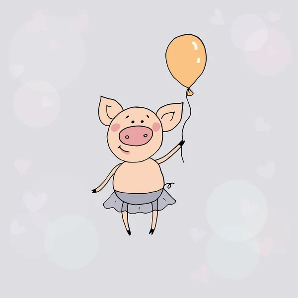 Ładny mały stojący świnia z balonem w rękę — Wektor stockowy