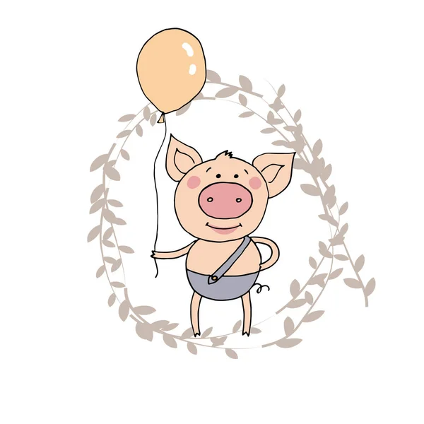 Porquinho bonito de pé com o balão em uma mão — Vetor de Stock