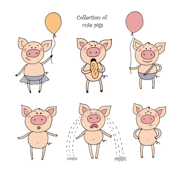 Coleção de porcos bonitos em estilo cartoon — Vetor de Stock