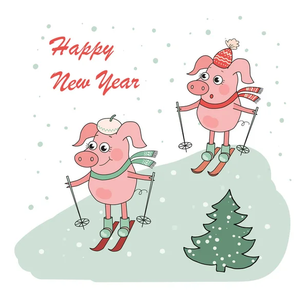 Christmas and Happy New year card with two small cartoon little pigs skie — Stock Vector