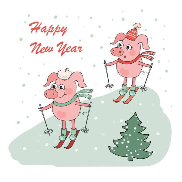 Christmas and Happy New year card with two small cartoon little pigs skie