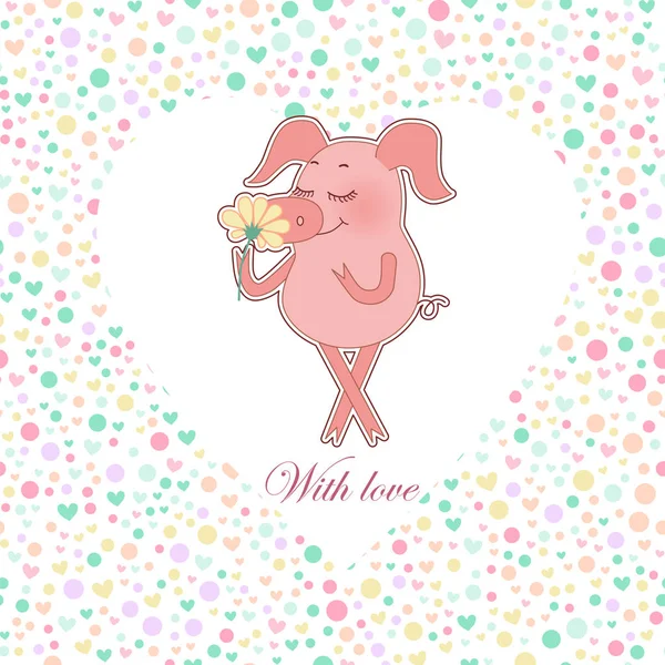 Cerdo feliz con una flor en la mano. Pegatina de cerdo de dibujos animados lindo — Vector de stock