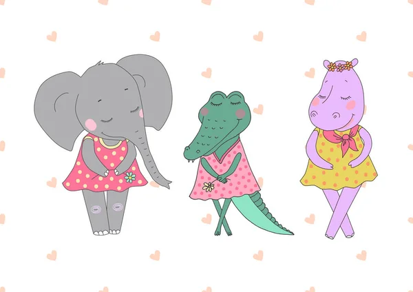 Hipona, elefante e crocodilo meninas com olhos fechados — Vetor de Stock