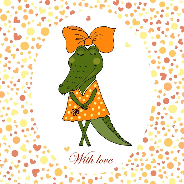Mignon crocodile fille en robe avec une fleur dans une main — Image vectorielle