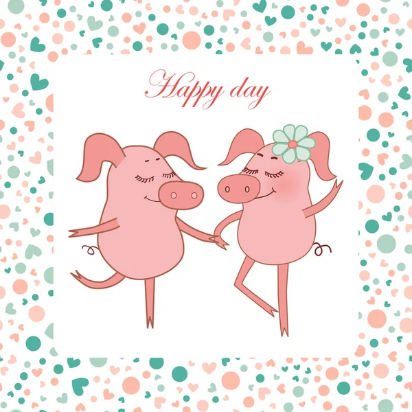 Две счастливые свиньи, свинка с цветочком в руке — стоковый вектор