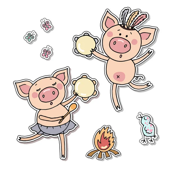 Ilustração vetorial de dois porquinhos tocando tamburinas . — Vetor de Stock