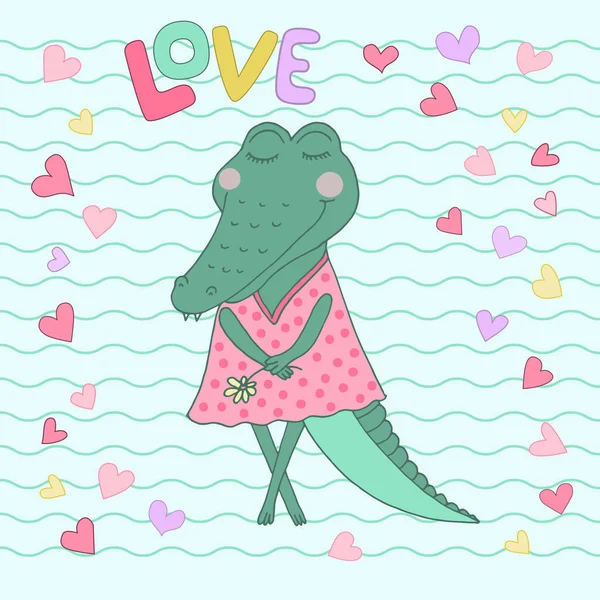 Crocodilo menina com olhos fechados ter flor na mão — Vetor de Stock