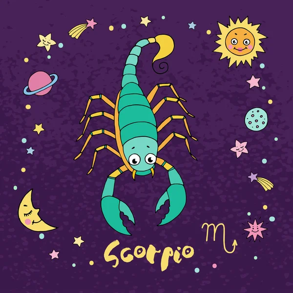 Scorpio signo do zodíaco no fundo do céu noturno com estrelas — Vetor de Stock