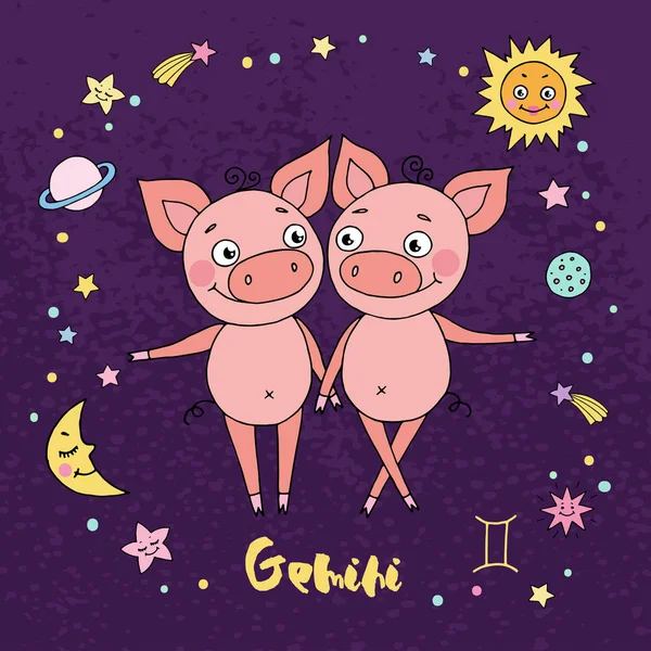 Gemini znamení na noční obloze na pozadí s hvězdami — Stockový vektor