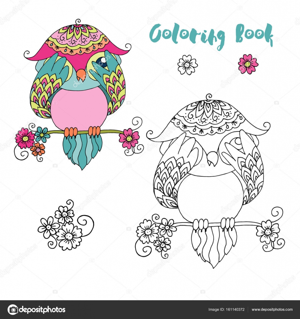 Gufo variopinto sveglio del fumetto che si siede sul ramo di un albero Disegno di illustrazione divertente di vettore dell uccello in stile cartoon