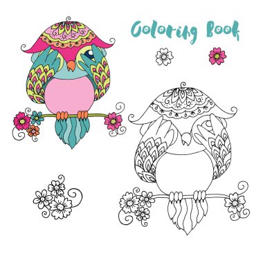 Ağaç dalı üzerinde oturan sevimli renkli çizgi baykuş