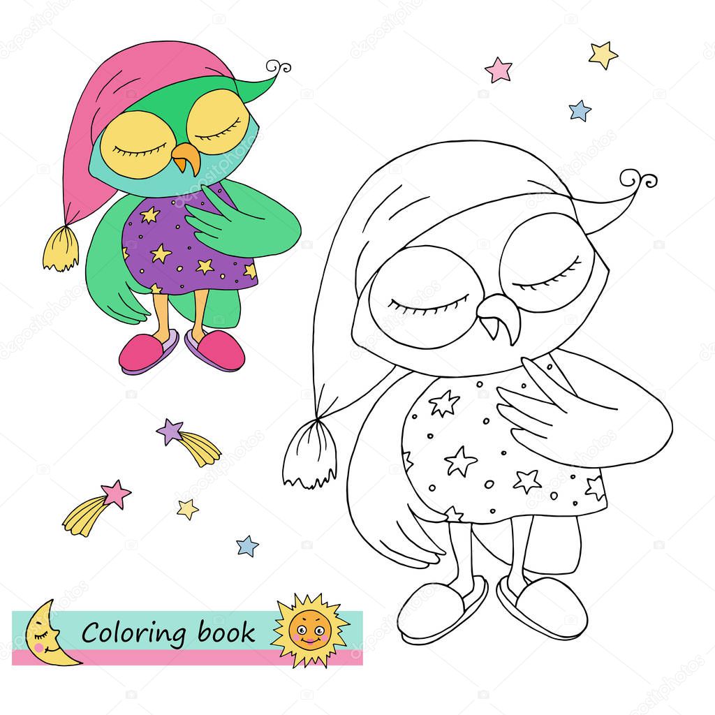 Cute colorful owl with pink cap and dress with stars.