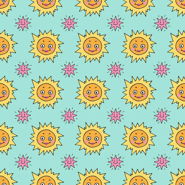 Cute seamless pattern with sun and stars. — Stock Vector