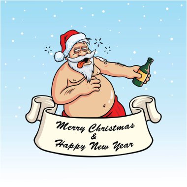 Sarhoş Noel Baba içki içme. Noel tebrik kartı vektör mavi zemin üzerine