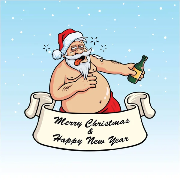 Betrunkener Weihnachtsmann, der Schnaps trinkt. Weihnachtsgrußkarte Vektor auf blauem Hintergrund — Stockvektor