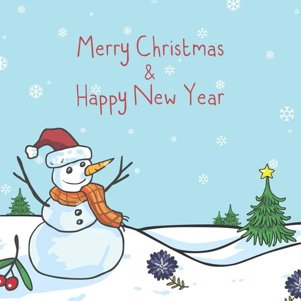 Schneemann Weihnachten Grußkarte niedlich Cartoon-Vektor — Stockvektor