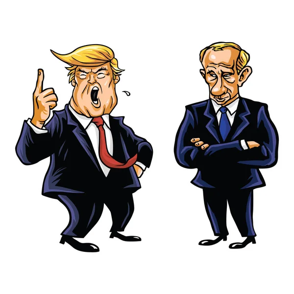 Verenigde Staten President Donald Trump en de Russische President Vladimir Putin Cartoon karikatuur vectorillustratie — Stockvector