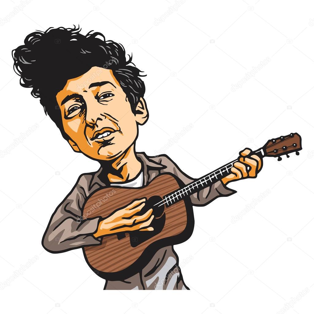 Bob Dylan Playing Guitar Cartoon Vector