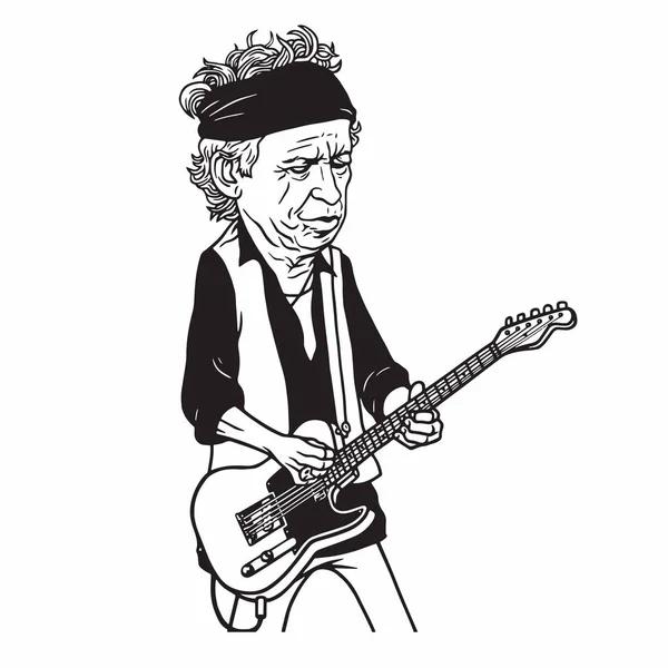 Keith Richards do The Rolling Stones Black and White Cartoon Caricatura Retrato Ilustração —  Vetores de Stock