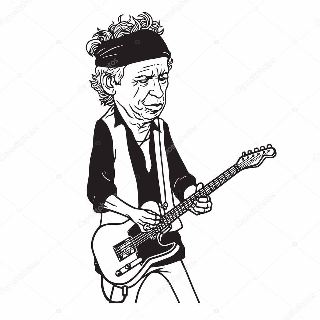 Keith Richards of The Rolling Stones Black and White Cartoon Caricature Portrait Illustration