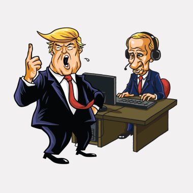 Donald Trump ve Vladimir Putin Bilgisayarının Önünde. Vektör Karikatür
