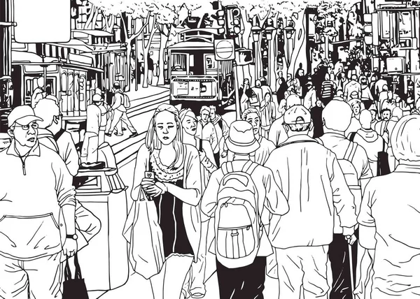 Straat menigte mensen lopen door de straat van de stad — Stockvector
