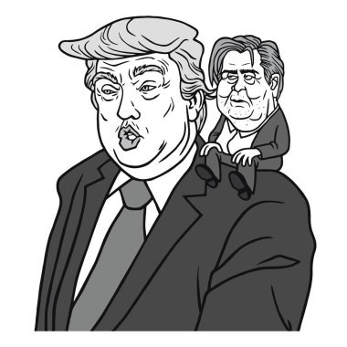 Donald Trump ve Steve Bannon siyah ve beyaz karikatür karikatür vektör